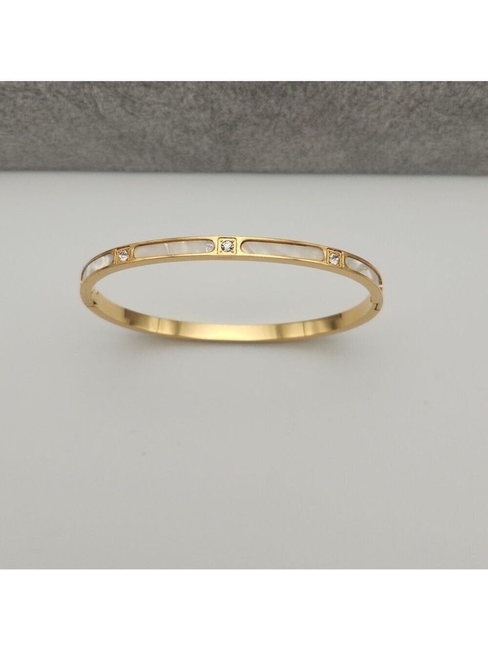 18K Gold Plated Pearl White & Zircon Bangle – Waterproof, Tarnish